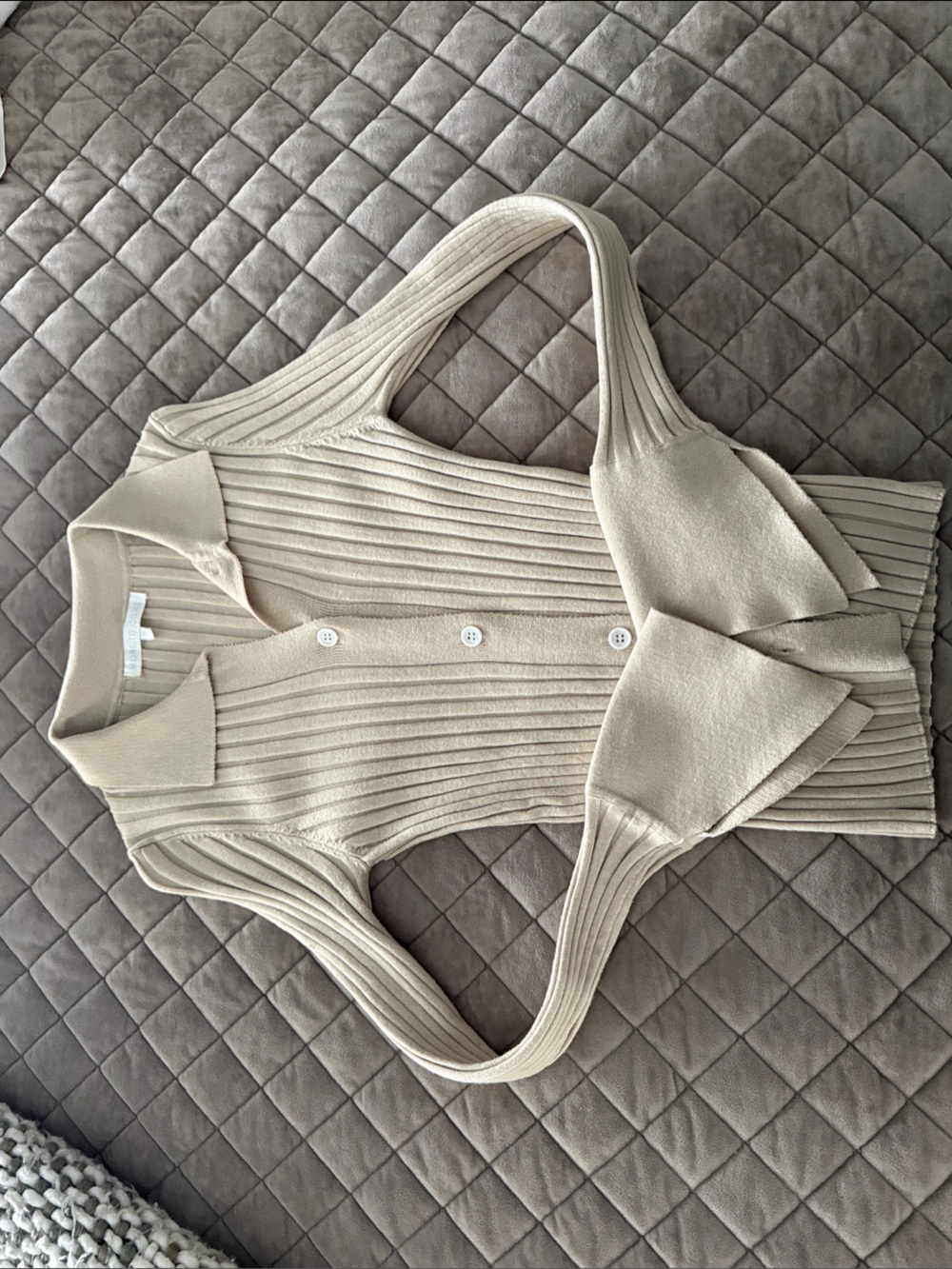 Ribbed Button-Front Sleeveless Knit Top in Beige